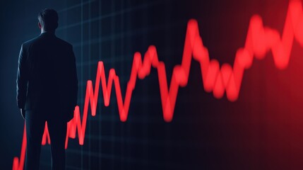 A businessman observes a fluctuating red graph, symbolizing market trends or financial analysis, reflecting challenges or downturns.