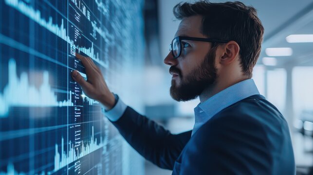 A man analyzes data on a digital display, illustrating a focused approach to financial analysis or technology. - Powered by Adobe