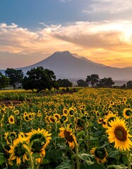 Sunflowers bloom, mountain looms, and sunset paints the sky
