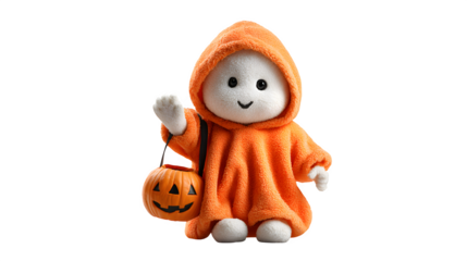 Baby ghost inside pumpkin costume, waving hand, isolated on white