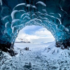View from inside an icy cave overlooking a snow-covered landscape