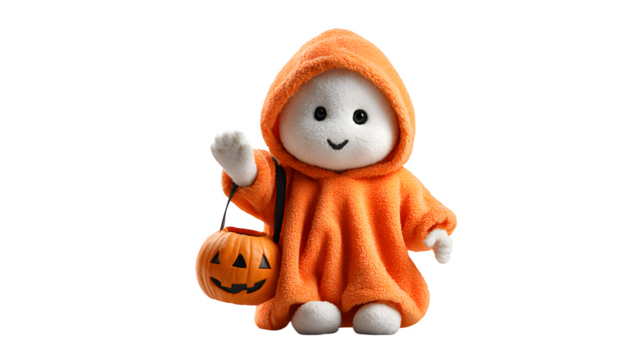 Baby ghost inside pumpkin costume, waving hand, isolated on white - Powered by Adobe