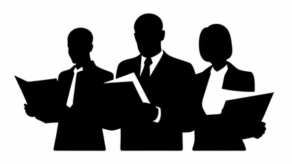 Fototapeta premium Silhouette of three business people in suits reading documents in black and white illustration style | editable eps vectors