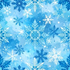 Watercolor illustration of white snowflakes on a light blue background