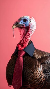 Turkey wearing shirt and tie against pink background portrays professional worker or business person concept