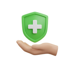 Obraz premium Hand Offering a Symbolic Green Shield with White Cross Protection Imagery Render