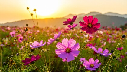 beautiful cosmos flower field with sunrise.