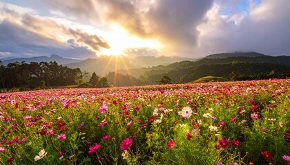 beautiful cosmos flower field with sunrise.