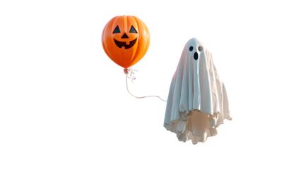 Ghost flying with balloon shaped like jack-o-lantern, isolated on white