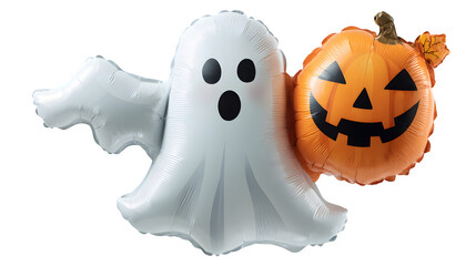 Ghost flying with balloon shaped like jack-o-lantern, isolated on white