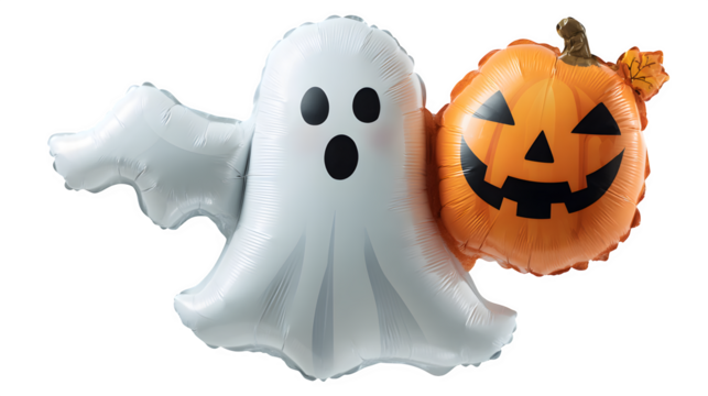 Ghost flying with balloon shaped like jack-o-lantern, isolated on white