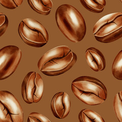 Seamless hand-painted watercolor pattern of roasted coffee beans. Great for coffee shop branding, menu design, product packaging, and cafe backgrounds.