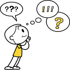 Hand-Drawn Stickman Thinking with Speech Bubbles – Doodle Character with Question and Exclamation Marks, Strichfiguren / Strichmännchen: Frage, Nachdenken, Lösung. Vector Illustration