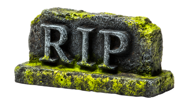 Glow-in-dark tombstone prop with RIP carved letters, isolated on white background