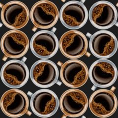 A seamless watercolor pattern featuring pastel coffee cups and roasted coffee beans. Perfect for coffee shop branding, menus, packaging, and textile prints.