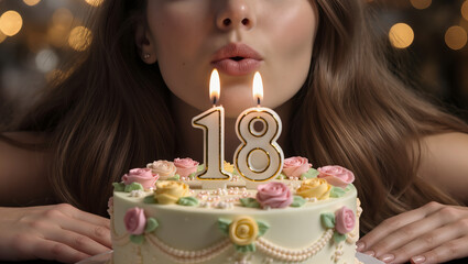 Young woman  preparing to blow out candles on a birthday cake celebrating her 18th birthday, warm festive lights creating a joyful atmosphere.