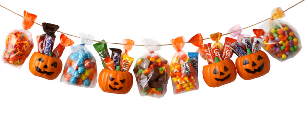 Candy-themed Halloween banner with pumpkins filled with candies, lollipops, chocolate bars, and wrapped sweets, isolated on white