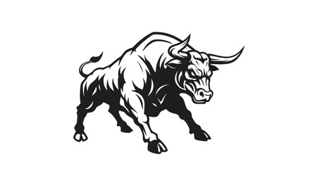 Fototapeta premium A black and white illustration of a powerful bull, depicted in a dynamic, attacking pose