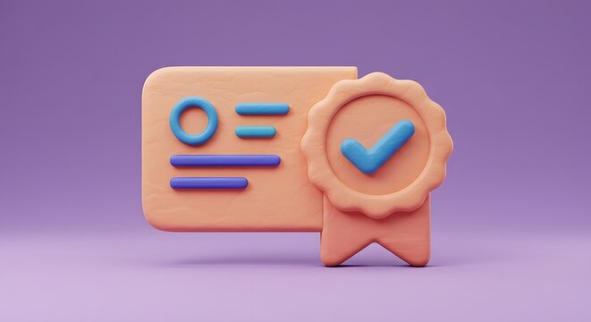 3D illustration of a certificate with a checkmark, rendered in soft pastel colors on purple
