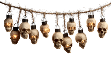 Creepy skull garland with LED glowing eyes, isolated on white background
