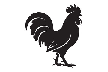 Striking black rooster silhouette proudly stands with feathered tail and head crest is transparent