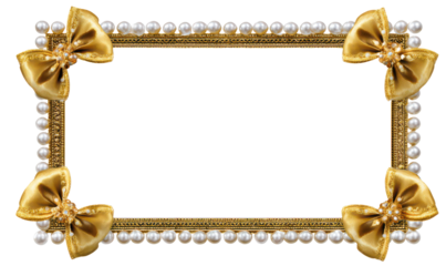 Elegant Decorative Frame with Gold Ribbon Bows and Pearl Accents Isolate on Transparent Background, png