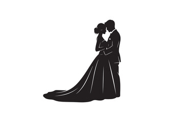 Silhouette of a wedding couple lovingly embracing, the bride in a beautiful gown transparent background