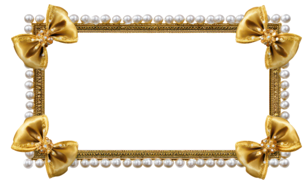 Elegant Decorative Frame with Gold Ribbon Bows and Pearl Accents Isolate on Transparent Background, png