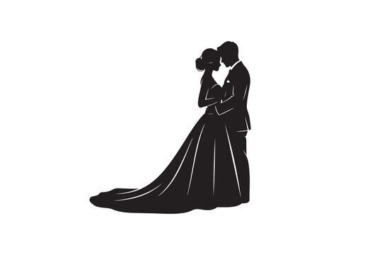 Silhouette of a wedding couple lovingly embracing, the bride in a beautiful gown transparent background