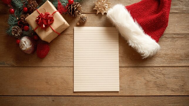 high angle view of empty letter on wooden table with christmas decoration top view of empty xmas wish list with little gift present and santa claus hat on wooden background no logos no brands ar 169