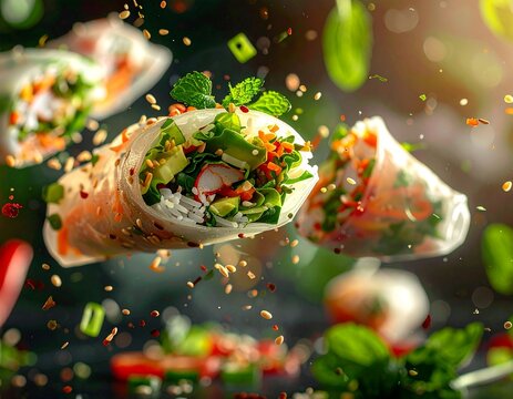 Fresh Spring Rolls with vibrant vegetables floating in the air: A delightful presentation of Vietnamese spring rolls, bursting with fresh ingredients and a light, refreshing appeal. 