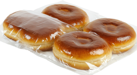 Four glazed donuts (one rectangle) in clear plastic wrapping on white tray