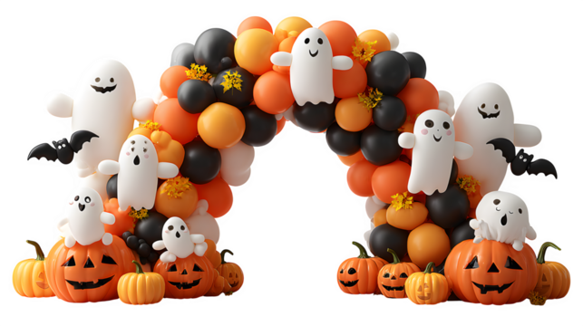 Halloween balloon arch with ghosts, bats, and pumpkins, isolated on white background