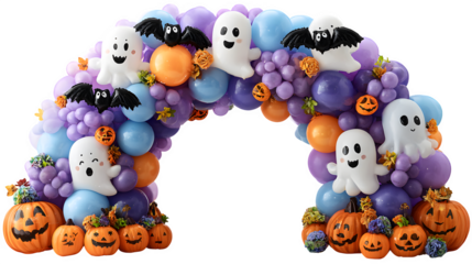 Halloween balloon arch with ghosts, bats, and pumpkins, isolated on white background
