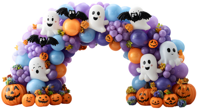 Halloween balloon arch with ghosts, bats, and pumpkins, isolated on white background