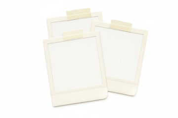 Vintage instant film frames with tape, empty blank placeholders for memories, transparent background