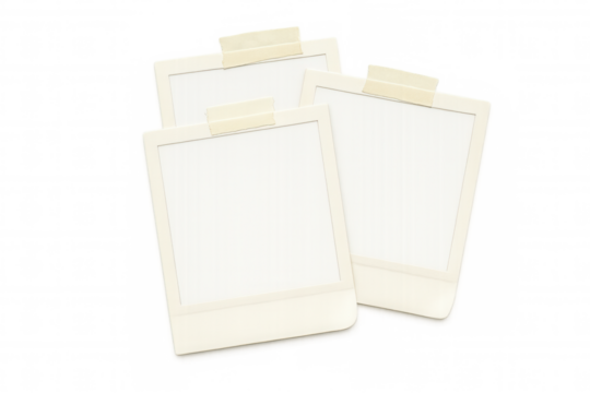 Vintage instant film frames with tape, empty blank placeholders for memories, transparent background