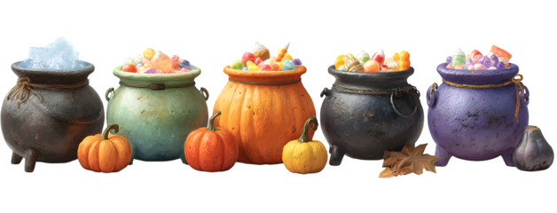Collection of witches cauldrons bubbling with candy, pumpkins beside, isolated on white