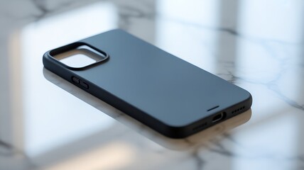 Dark grey phone case on marble surface mobile accessory.