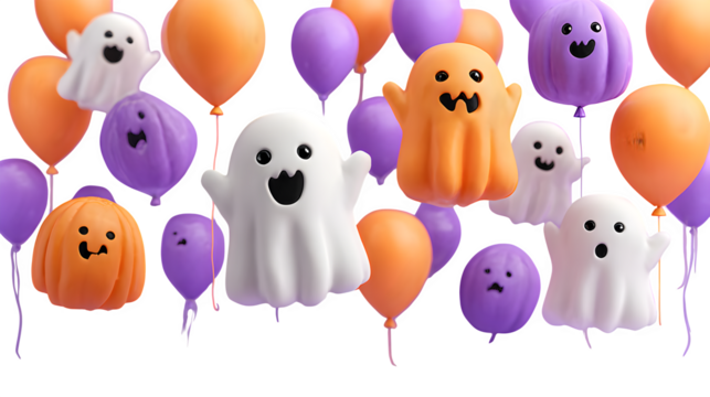 Cosmic Halloween carnival with floating pumpkin balloons, ghosts drifting, isolated on white background