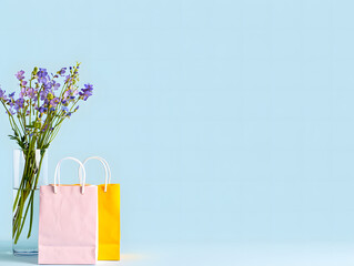 Gift Shopping with Violet flower: Pastel-colored gift bags stand alongside a vase of delicate violet flowers, evoking a sense of anticipation and excitement, set against a serene backdrop.