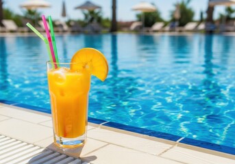 Refreshing orange cocktail with orange slice and straws by a sparkling blue swimming pool