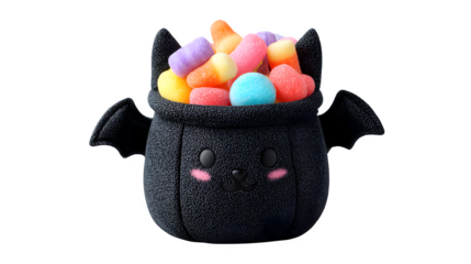Cute bat-shaped candy bucket stuffed with colorful treats, isolated on white background