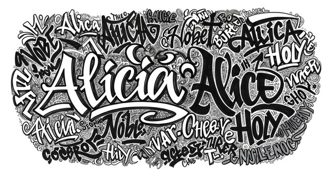 A black and white illustration showcasing the name "Alicia" and similar variants in artistic graffiti