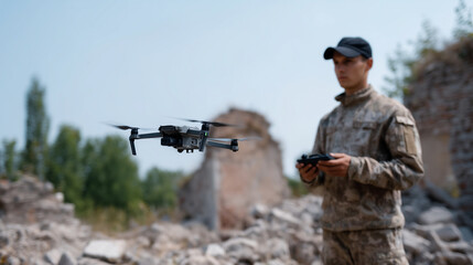 Fototapeta premium Armed soldier piloting a drone during tactical reconnaissance mission, outdoor training ground with concrete ruins and trees, concept of modern defense and unmanned aerial operatio