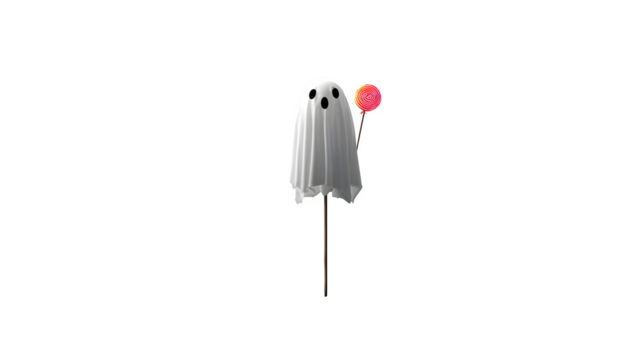 Ghost floating above graveyard silhouette, holding candy, isolated on white - Powered by Adobe