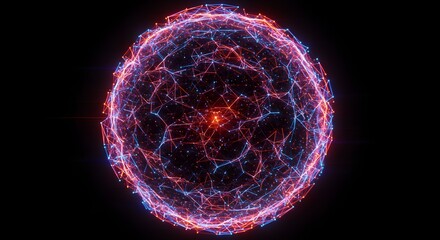 A 3D rendering of a glowing sphere composed of interconnected nodes and lines, on a dark background