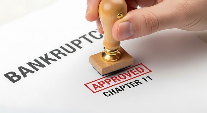 Hand stamping approved on bankruptcy chapter 11 document isolated on white background