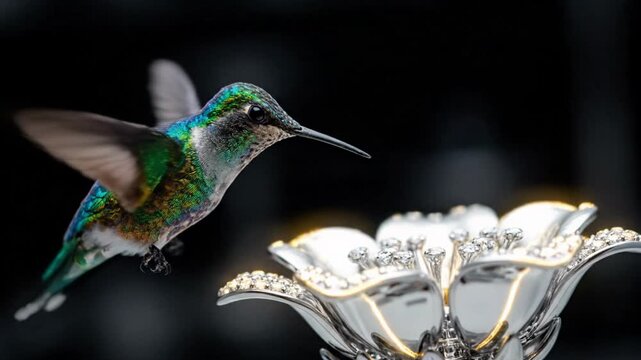 Elegant Hummingbird Activates Blooming Mechanical Flower with Golden Nectar