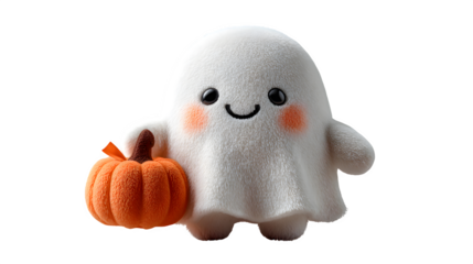 Cute ghost plush toy holding pumpkin as gift item, isolated on white background